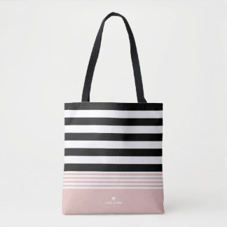 Bolsa Tote Listrado preto, branco & cor-de-rosa personalizado
