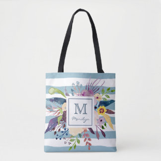 Bolsa Tote Listras azuis, aguarela floral monograma pintado