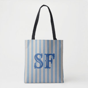 Bolsa Tote Listras Azuis e Brancas com Monograma Personalizad
