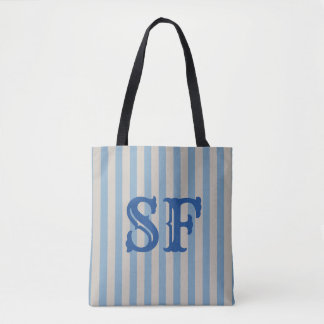 Bolsa Tote Listras Azuis e Brancas com Monograma Personalizad
