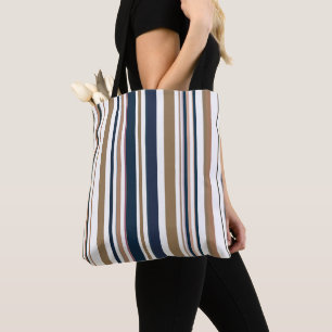 Bolsa Tote Listras Azuis Escuras e Douradas Modernas e Tenden