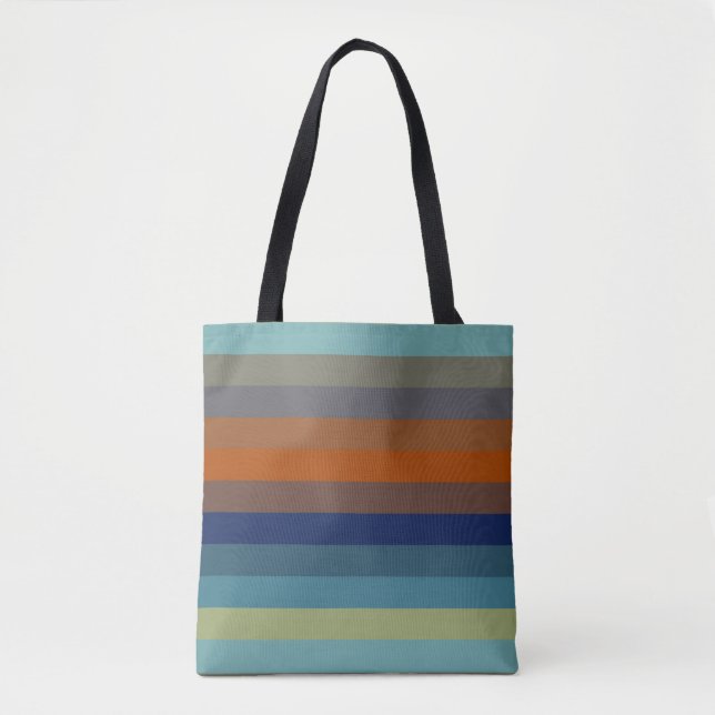 Bolsa Tote Listras azuis, laranja, verdes e cinzas (Frente)