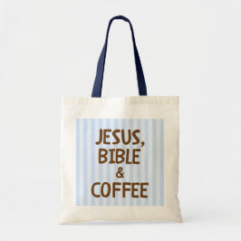 Bolsa Tote Listras Azuis Letras Marrons Cristãs Amantes de Ca