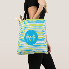 Bolsa Tote Listras Azuis Verdes Simples Elegantes Nome Monogr