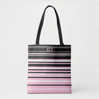 Bolsa Tote Listras brancas, pretas e cor-de-rosa monogramas
