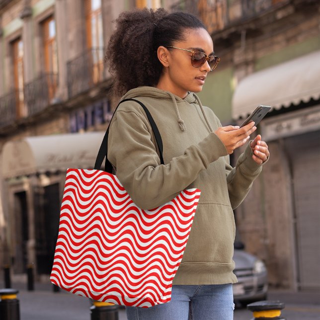 Bolsa Tote Listras brancas vermelhas onduladas psicodélicas h (Red White Wavy Stripes Psychedelic Hypnotic Tote Bag, shopping bag, large tote bag, tote, bag, red)