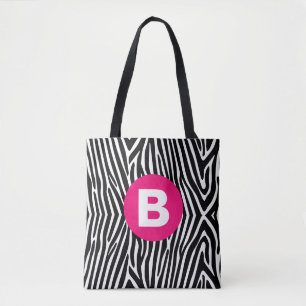 Bolsa Tote Listras Clássicas de Zebra Monograma Rosa Vibrante