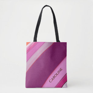 Bolsa Tote Listras de Ameixa Rosa Nome Personalizado 