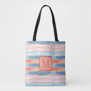 Bolsa Tote Listras de Aquarela Coral Bloco de Cor Monograma
