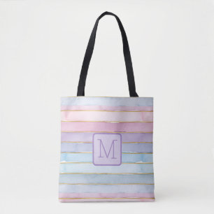 Bolsa Tote Listras de Aquarela Monograma Colorblock Roxo