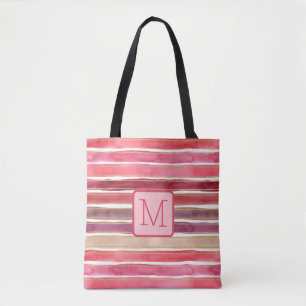 Bolsa Tote Listras de Aquarela Monograma de Bloco de Cor Rosa