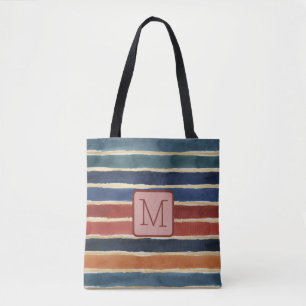 Bolsa Tote Listras de Aquarela Tijolo Bloco de Cor Monograma