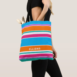Bolsa Tote Listras de arte azul laranja rosa personalizadas