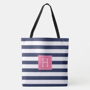 Bolsa Tote Listras de azuis marinhos e monograma cor-de-rosa