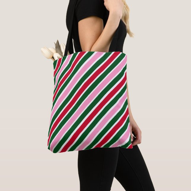 Bolsa Tote Listras de Bala de Natal Rosa Verde e Vermelha (Close Up)