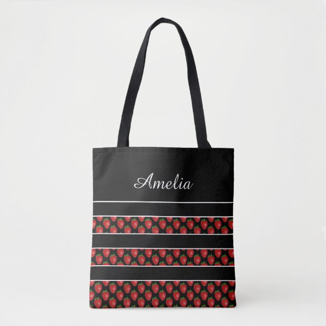 Bolsa Tote Listras de Morango Preta Personalizada (Frente)