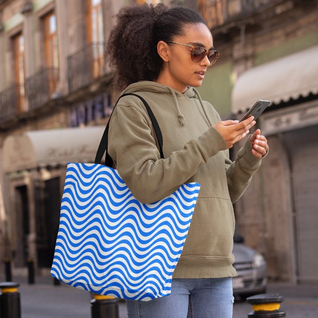 Bolsa Tote Listras de Onda Branca Azul Psicodélicas Hipopótic (Blue White Wavy Stripes Psychedelic Hypnotic Tote Bag, large tote bag, shopping bag, pattern)
