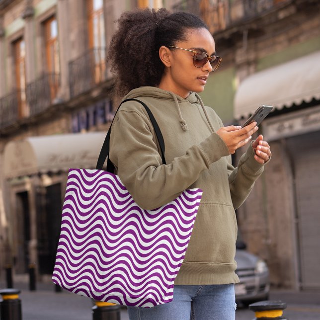 Bolsa Tote Listras de Onda Branca Púrpura Psicodélicas Hipopó (Purple White Wavy Stripes Psychedelic Hypnotic Tote Bag. shopping bag, fashion bag, tote, bag, )