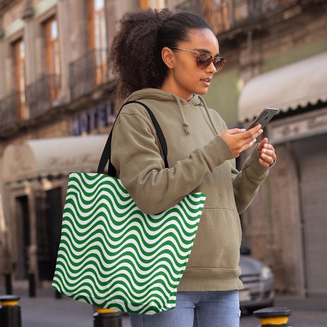 Bolsa Tote Listras de Onda Verde e Branca Psicodélicas Hipopó (Green & White Wavy Stripes Psychedelic Hypnotic Tote Bag, shopping bag, fashion bag, large tote bag)