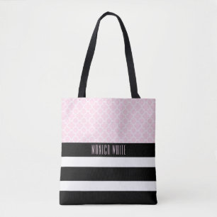 Bolsa Tote Listras do branco do preto do rosa do monograma de