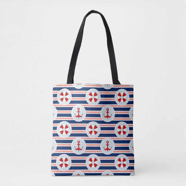 Bolsa Tote Listras e teste padrão de pontos náuticos (Frente)