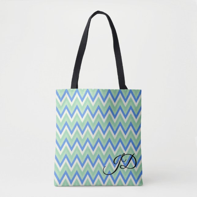 Bolsa Tote Listras em Chevron Azul Verde e Branco (Frente)