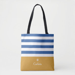 Bolsa Tote Listras horizontais azuis largas nome Dourado e