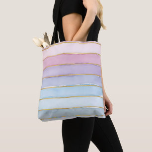 Bolsa Tote Listras Largas de Aquarela Azul Roxo Rosa Verão