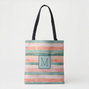 Bolsa Tote Listras Largas de Aquarela em Tons de Azul-Verde c