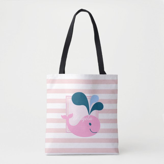 Bolsa Tote Listras Modernas Femininas, Baleia de Desenho Anim (Frente)