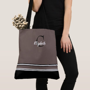 Bolsa Tote Listras Monograma Modernas Preto Taupe