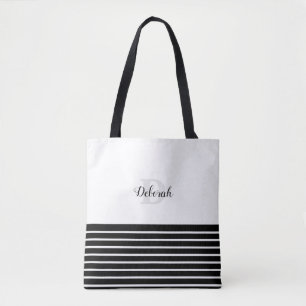 Bolsa Tote listras & monograma preto e branco