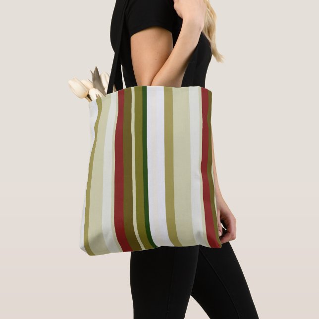 Bolsa Tote Listras oliva, verde e vermelho (Close Up)