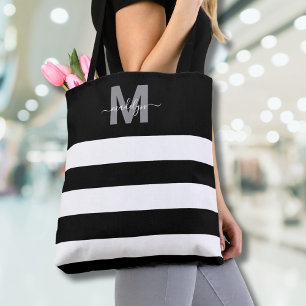 Bolsa Tote Listras Pretas Chiques Nome Monogramado