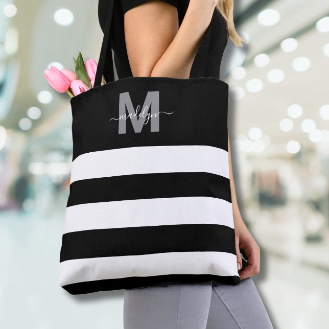 Bolsa Tote Listras Pretas Chiques Nome Monogramado (Black Chic Stripes Name Monogrammed Tote Bag )