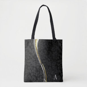 Bolsa Tote Listras pretas Monogrammed da onda do damasco