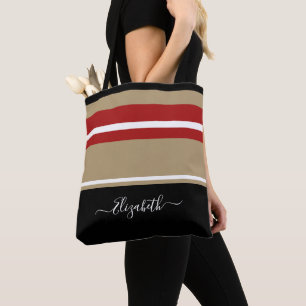 Bolsa Tote Listras Pretas Vermelhas Bege Modernas Personaliza