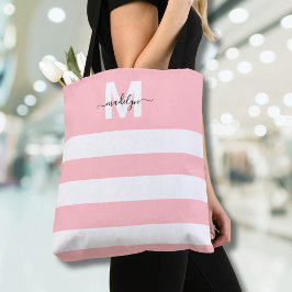 Bolsa Tote Listras Rosa Bege Nome Monogramado