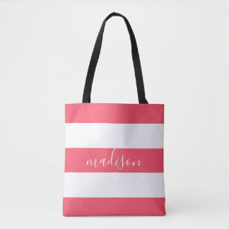 Bolsa Tote Listras rosa e brancas com tipografia de nome
