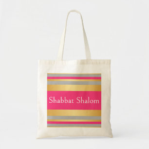 Bolsa Tote Listras Rosa Quente Cinza Dourado, Shabbat Shalom 