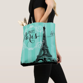 Bolsa Tote Listras verdes de Seafoam do monograma de Paris da