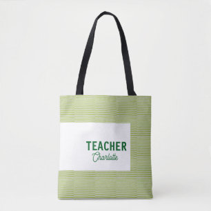 Bolsa Tote Listras verdes e brancas de limão nome do professo