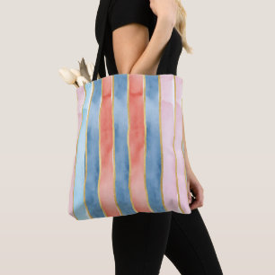 Bolsa Tote Listras Verticais Largas de Aquarela Azul Rosa Cor