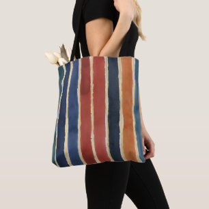 Bolsa Tote Listras Verticais Tons de Tijolo Ferrugem Azul Mar