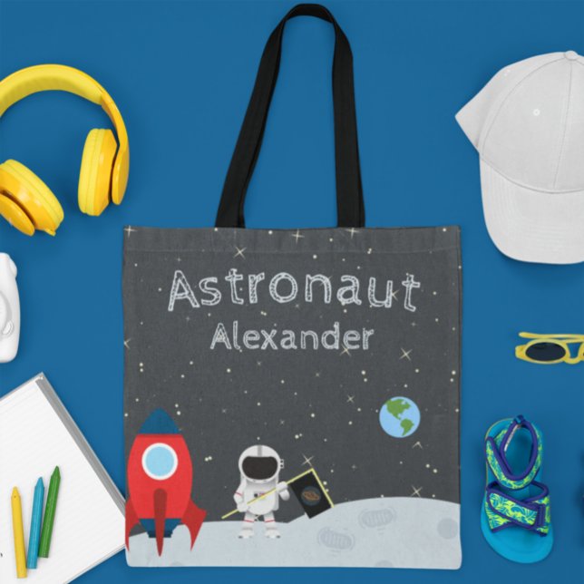 Bolsa Tote Little Boy Astronaut on Moon, First Name Space (Criador carregado)