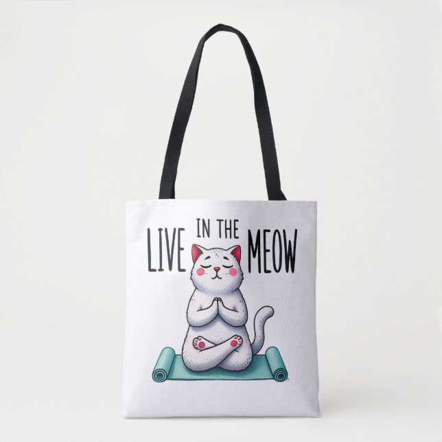 Bolsa Tote "Live in the Meow" Engraçado do Gato Lover (Frente)