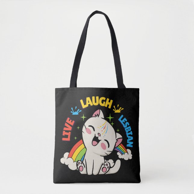 Bolsa Tote Live Laugh Lesbian Flag Rainbow Cat Pride Mont Ki (Frente)