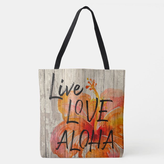 Bolsa Tote Live Love Aloha Hibiscus Beach Sinal (Frente)