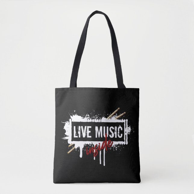 Bolsa Tote Live Music Dentro Drumsticks Músico Jam Rock Gig (Frente)