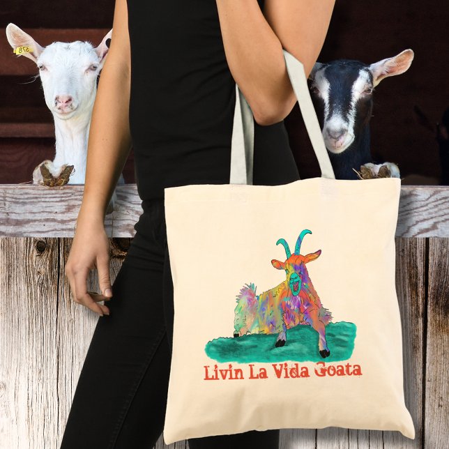 Bolsa Tote Livin La Vida Goata Engraçado Gritando Design (Funny screaming goat quote colorful farm animal art tote bag for animal lovers )